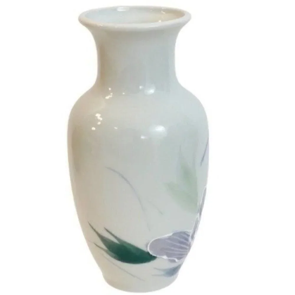 Porcelain Pottery Iris Floral Vase Made in Japan raised white paint outline 6” - Picture 5 of 9
